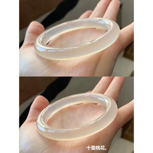 高冰瑪瑙手鐲女天然白冰玉髓鐲子卡8m冰種白月光荔枝凍細圓條玉鐲