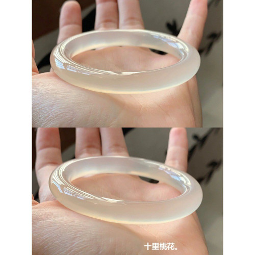高冰瑪瑙手鐲女天然白冰玉髓鐲子卡8m冰種白月光荔枝凍細圓條玉鐲