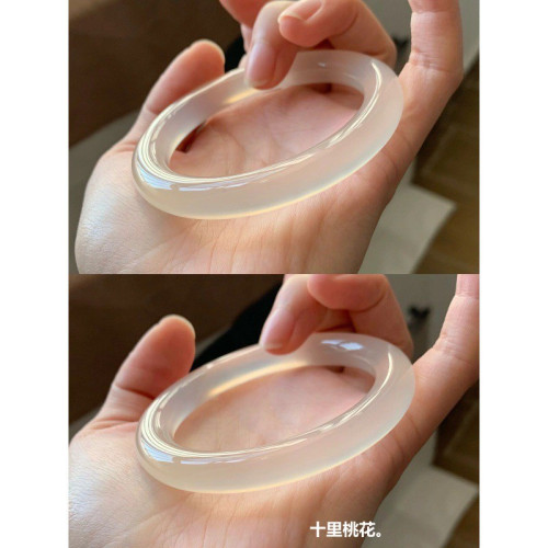 高冰瑪瑙手鐲女天然白冰玉髓鐲子卡8m冰種白月光荔枝凍細圓條玉鐲