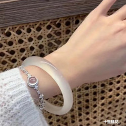 天然冰種圓條白玉髓手鐲白瑪瑙女款荔枝凍飾品少女款玉石玉鐲送禮
