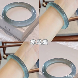 庫裡藍天然瑪瑙玉髓手鐲女款冰透藍水色胖圓條玉鐲美人條圓鐲鐲子