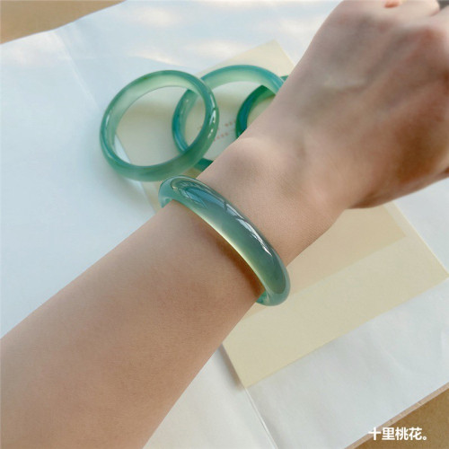 清新扁條鐲子瑪瑙手鐲油青色正圈女天然玉鐲瑪瑙青綠文藝青色甜美