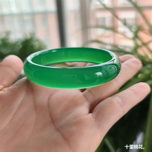 陽綠色中寬玉髓手鐲天然冰透瑪瑙手鐲女款帝王綠滿綠冰種鐲子送禮