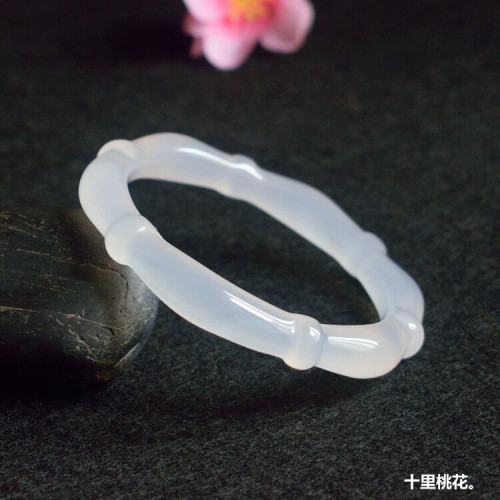 天然巴西白冰種瑪瑙手鐲少女款玉髓手鐲復古圓條竹節女款手飾送禮