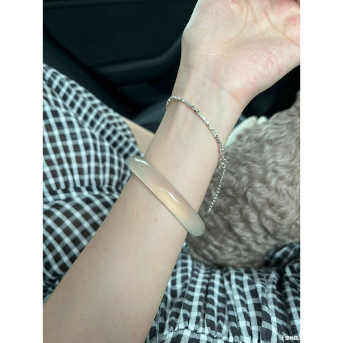 天然冰透高冰瑪瑙手鐲女款天然白冰玉髓鐲子馬料冰種白月光荔枝凍
