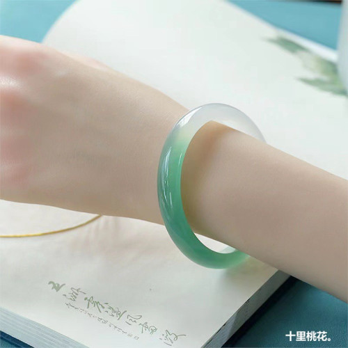 玉髓瑪瑙手鐲油青高冰透冰種半山半水玉石叮噹鐲女細圓條美人鐲子