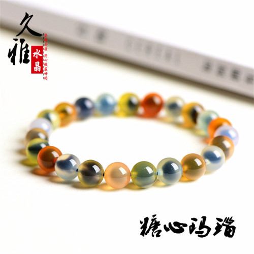 久雅珠寶 天然糖心瑪瑙手鏈 藍色 黃色瑪瑙圓珠手串 廠家直銷