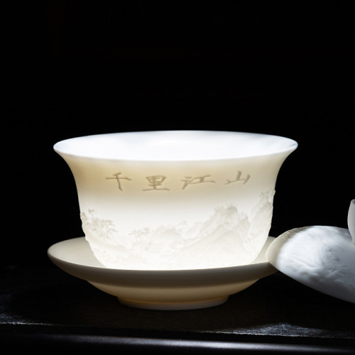 德化素燒羊脂玉茶具套裝全套蓋碗千裡江山茶具功夫茶具主人盃