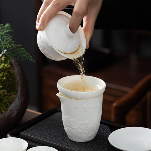 德化素燒羊脂玉茶具套裝全套蓋碗千裡江山茶具功夫茶具主人盃