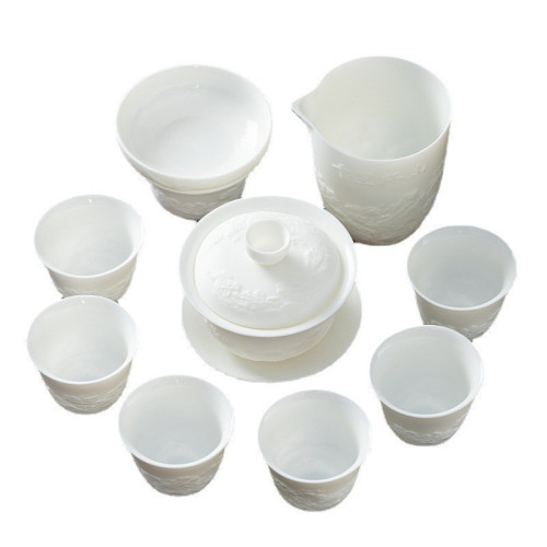 德化素燒羊脂玉茶具套裝全套蓋碗千裡江山茶具功夫茶具主人盃
