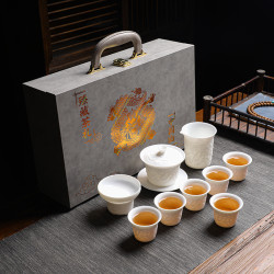 直售高檔浮雕羊脂玉功夫茶具套裝 全套茶具白瓷家用 商務送禮禮盒