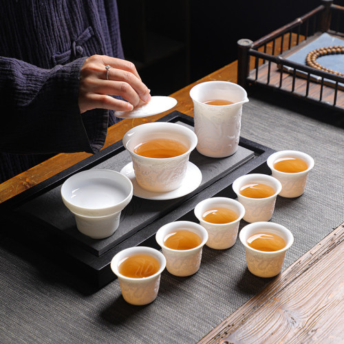 直售高檔浮雕羊脂玉功夫茶具套裝 全套茶具白瓷家用 商務送禮禮盒