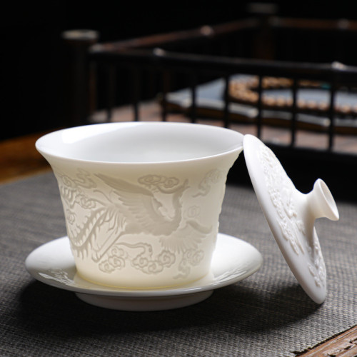 直售高檔浮雕羊脂玉功夫茶具套裝 全套茶具白瓷家用 商務送禮禮盒