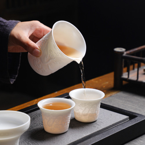 直售高檔浮雕羊脂玉功夫茶具套裝 全套茶具白瓷家用 商務送禮禮盒