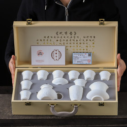 羊脂玉陶瓷功夫茶具套裝浮雕蓋碗盃子壺全套茶具高檔禮盒商務禮品