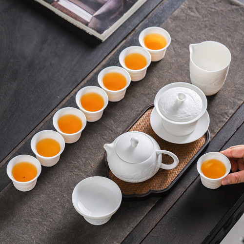 羊脂玉陶瓷功夫茶具套裝浮雕蓋碗盃子壺全套茶具高檔禮盒商務禮品