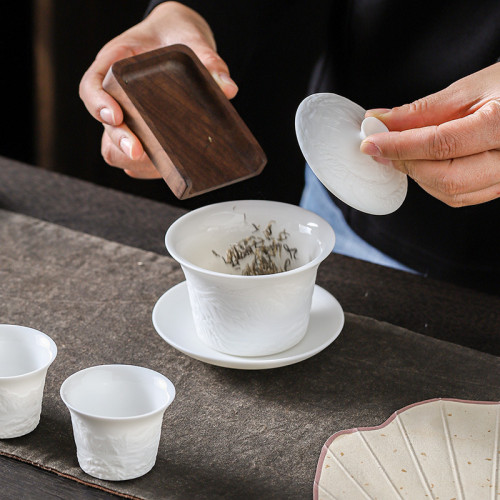羊脂玉陶瓷功夫茶具套裝浮雕蓋碗盃子壺全套茶具高檔禮盒商務禮品