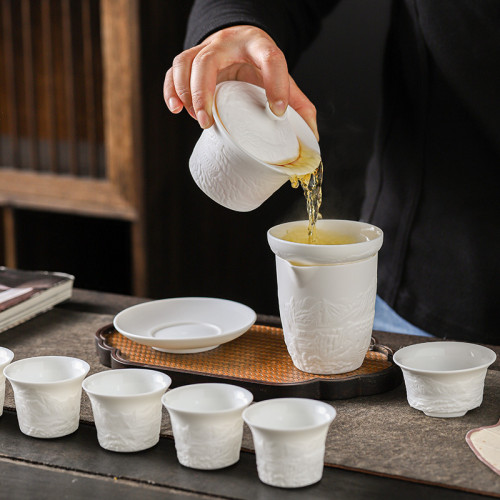 羊脂玉陶瓷功夫茶具套裝浮雕蓋碗盃子壺全套茶具高檔禮盒商務禮品