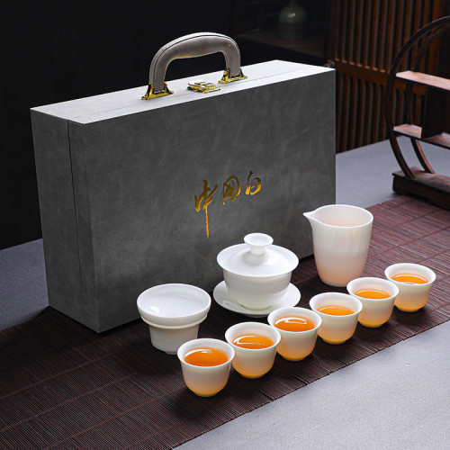 高端加厚羊脂玉白瓷茶具泡茶套裝禮盒中國白功夫茶具套組商務送禮