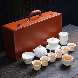 高端浮雕茶具套裝龍鳳盃型蓋碗帶茶壺家用商務送禮帶禮盒簡約宮廷