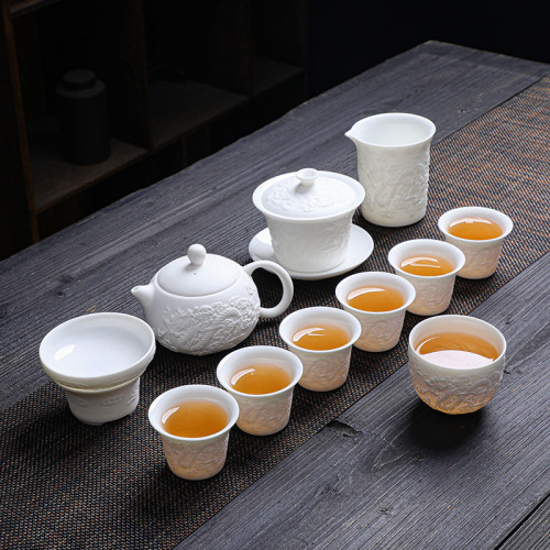 高端浮雕茶具套裝龍鳳盃型蓋碗帶茶壺家用商務送禮帶禮盒簡約宮廷