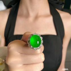 冰種正陽綠蛋面翡翠戒指女款緬料天然正品鑲嵌帝王綠滿綠玉石指環