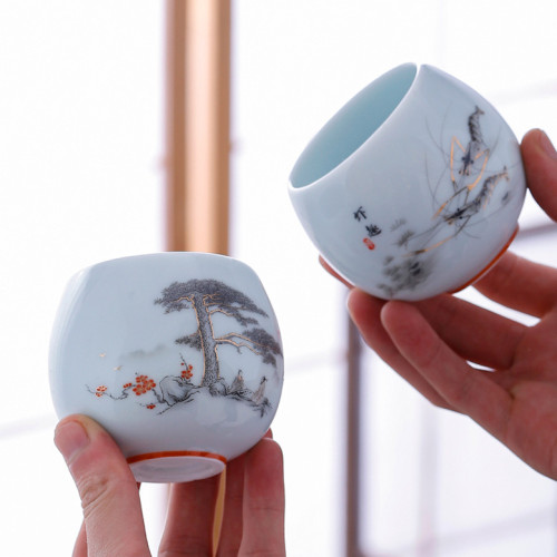 影青主人盃山水字畫龍蛋盃品茗加厚白瓷手繪泡茶盃伴手禮商務禮品