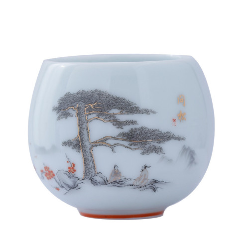 影青主人盃山水字畫龍蛋盃品茗加厚白瓷手繪泡茶盃伴手禮商務禮品