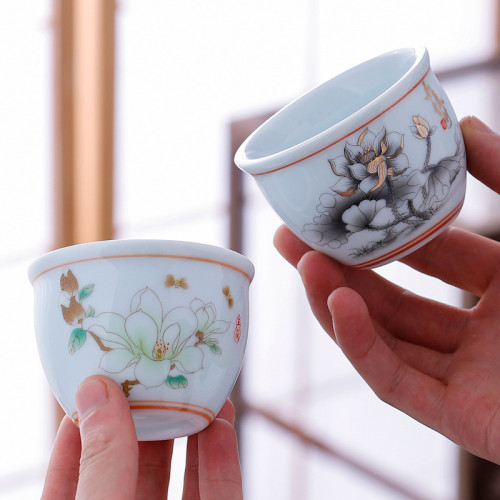 影青山水字畫主人盃加厚手繪白瓷泡茶品茗高檔送禮茶具可刻印茶盃