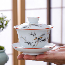 中式蓋碗功夫茶具影青釉蓋碗三才茶碗家用簡約泡茶器手繪敬茶碗盃