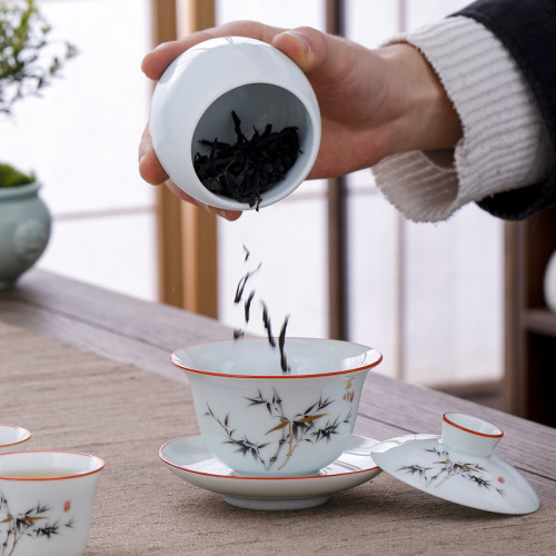 中式蓋碗功夫茶具影青釉蓋碗三才茶碗家用簡約泡茶器手繪敬茶碗盃