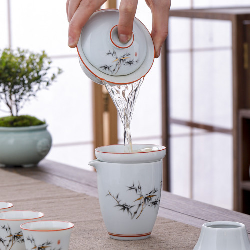 中式蓋碗功夫茶具影青釉蓋碗三才茶碗家用簡約泡茶器手繪敬茶碗盃