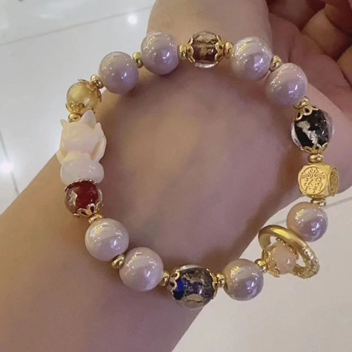 新中式紫琉璃蓮花手鏈女寺廟同款粉琉璃白蓮花甜美手串送閨蜜禮物