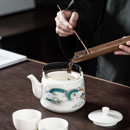 廠家批髮羊脂玉白瓷茶壺大容量涼水壺高溫耐熱提梁通用中式泡茶壺