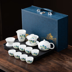 羊脂玉白瓷功夫茶具套裝家用蓋碗茶壺泡茶盃高檔禮盒商務禮品套裝