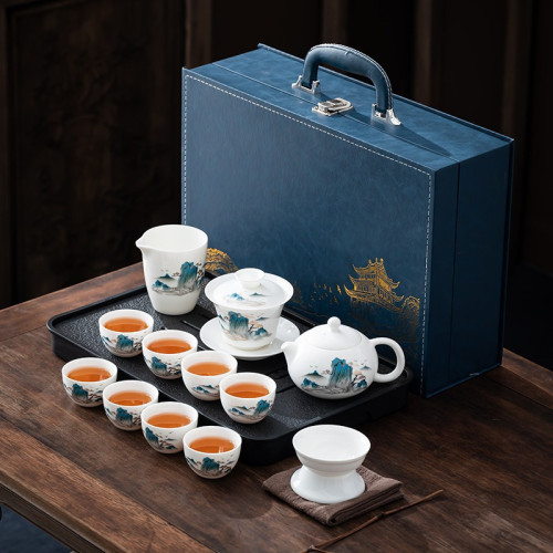 羊脂玉白瓷功夫茶具套裝家用蓋碗茶壺泡茶盃高檔禮盒商務禮品套裝