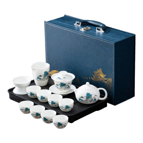 羊脂玉白瓷功夫茶具套裝家用蓋碗茶壺泡茶盃高檔禮盒商務禮品套裝