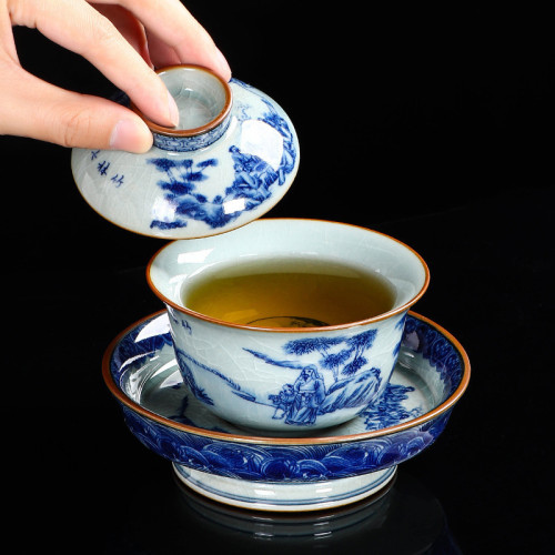 青花瓷手繪三才蓋碗單個功夫茶具不燙手泡茶碗敬茶碗大號辦公家用