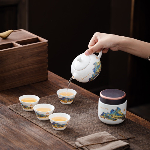 羊脂玉千裡江山旅行泡茶茶具禮品套裝公司銀行商務精美做工伴手禮