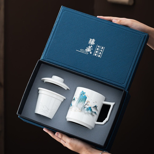 高端陶瓷辦公盃茶水分離過濾茶盃整套高檔臻藏商務禮品送禮可logo