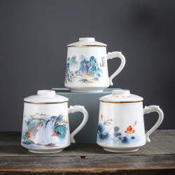 高端山水國潮水盃茶水分離泡茶三件套辦公茶盃高端茶盃送禮可logo