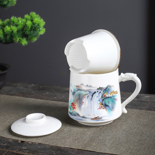 高端山水國潮水盃茶水分離泡茶三件套辦公茶盃高端茶盃送禮可logo