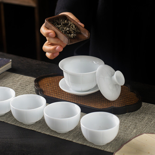 手工高檔冰種玉瓷茶具套裝加厚晶瑩功夫茶具全套茶盃蓋碗商務送禮