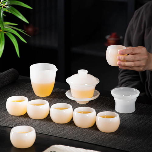 輕奢琉璃玉陶瓷功夫茶具套裝陶瓷玉石蓋碗品茗盃茶盃主人單盃送禮