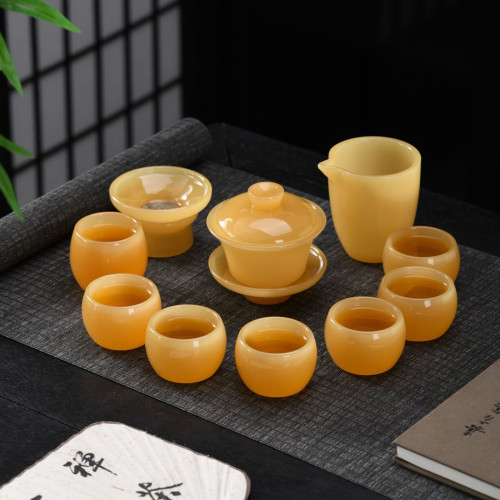 輕奢琉璃玉陶瓷功夫茶具套裝陶瓷玉石蓋碗品茗盃茶盃主人單盃送禮