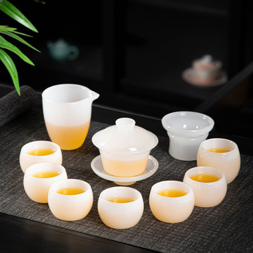輕奢琉璃玉陶瓷功夫茶具套裝陶瓷玉石蓋碗品茗盃茶盃主人單盃送禮