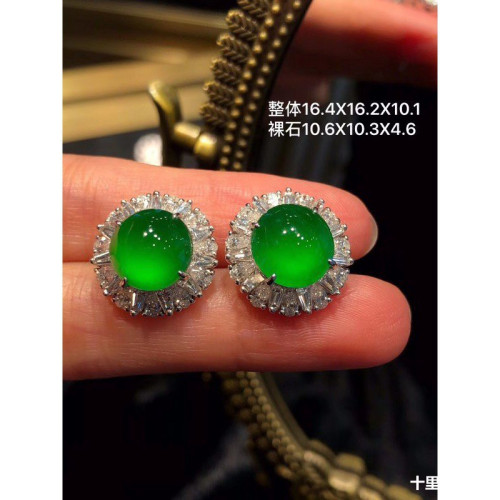 天然冰種正陽綠翡翠耳釘18k金鑲嵌耳飾緬甸a貨正品蛋面滿綠耳墜女