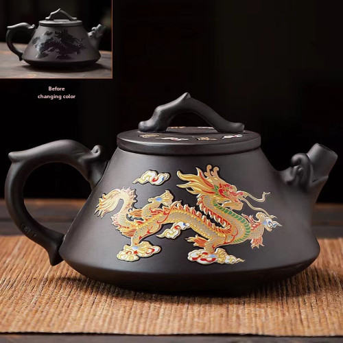 原創廠家鳳鳴壺遇熱變色紫砂壺手工龍鳳呈祥大號茶壺泡茶壺西施壺