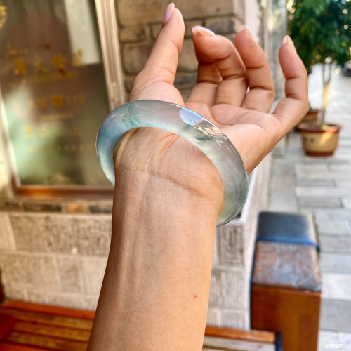 玻璃種飄花翡翠手鐲緬甸天然正品天山翠飄藍花翡翠玉手鐲正圈圓條