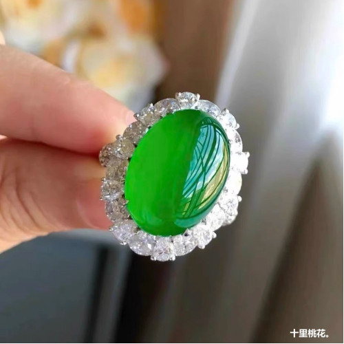 冰種正陽綠翡翠蛋面戒指18K金鑲嵌女款玉髓緬甸天然翡翠戒指送禮